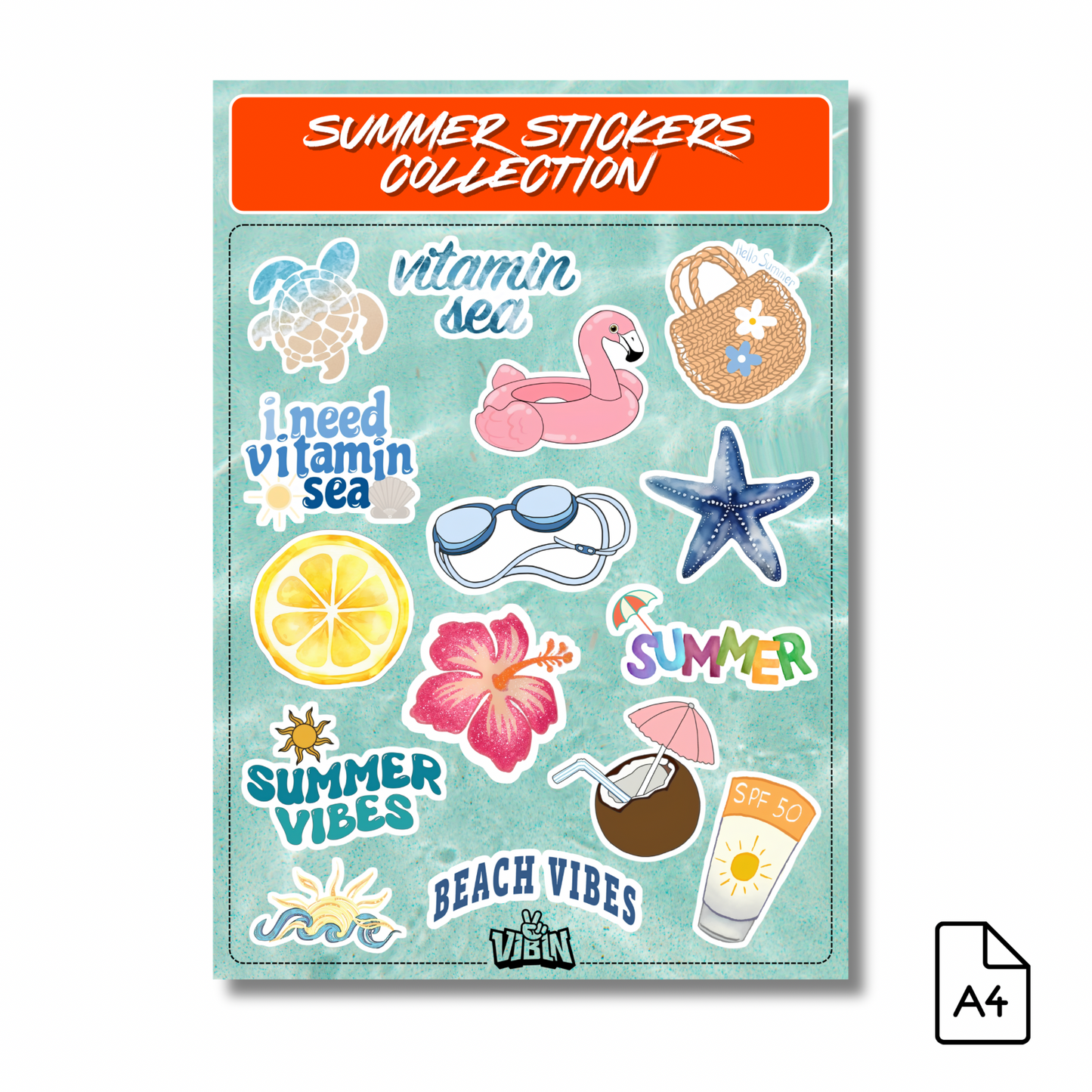 15 Pcs Summer Stickers Pack (A4 Sheet)