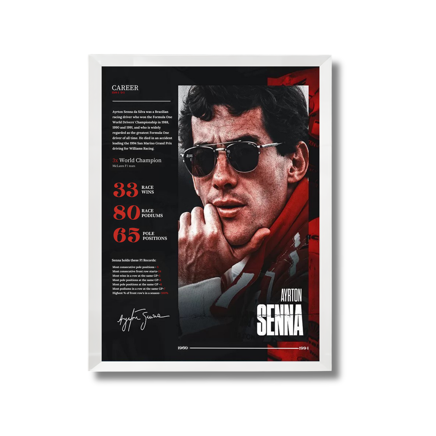 the career of the late Brazilian racing legend, Ayrton Senna. Formula 1 Poster #701