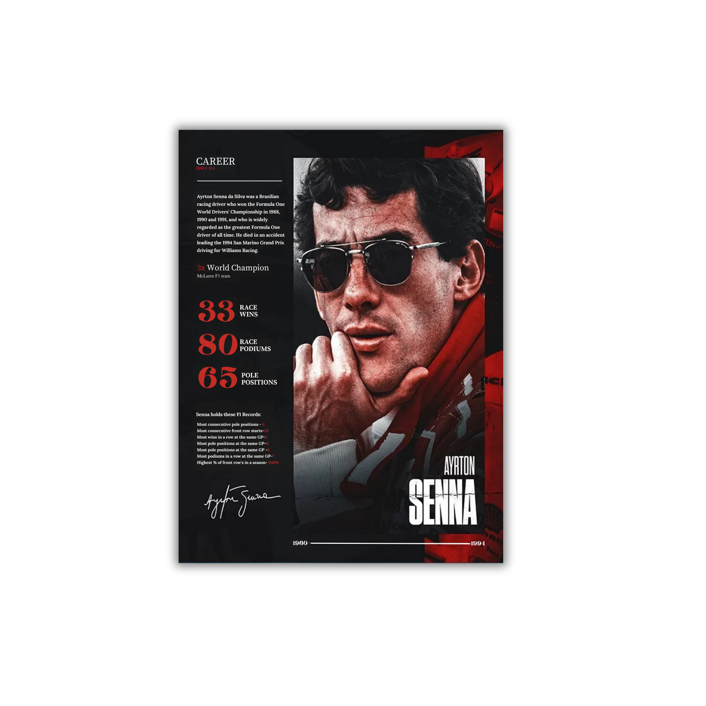 the career of the late Brazilian racing legend, Ayrton Senna. Formula 1 Poster #701