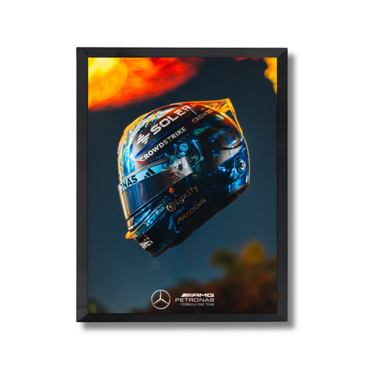 blue chrome helmet worn by George Russell during the 2025 Singapore Grand Prix. Formula 1 Poster #727