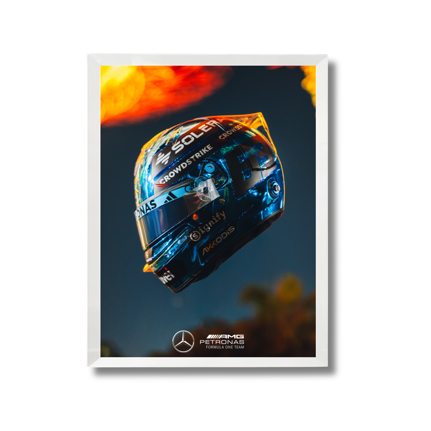 blue chrome helmet worn by George Russell during the 2025 Singapore Grand Prix. Formula 1 Poster #727