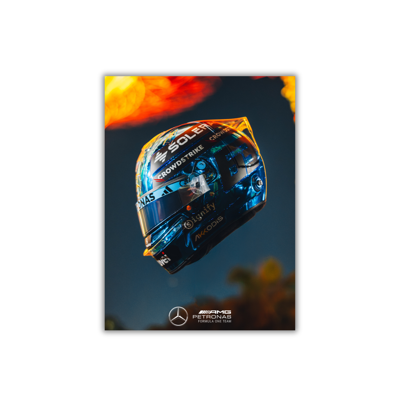 blue chrome helmet worn by George Russell during the 2025 Singapore Grand Prix. Formula 1 Poster #727