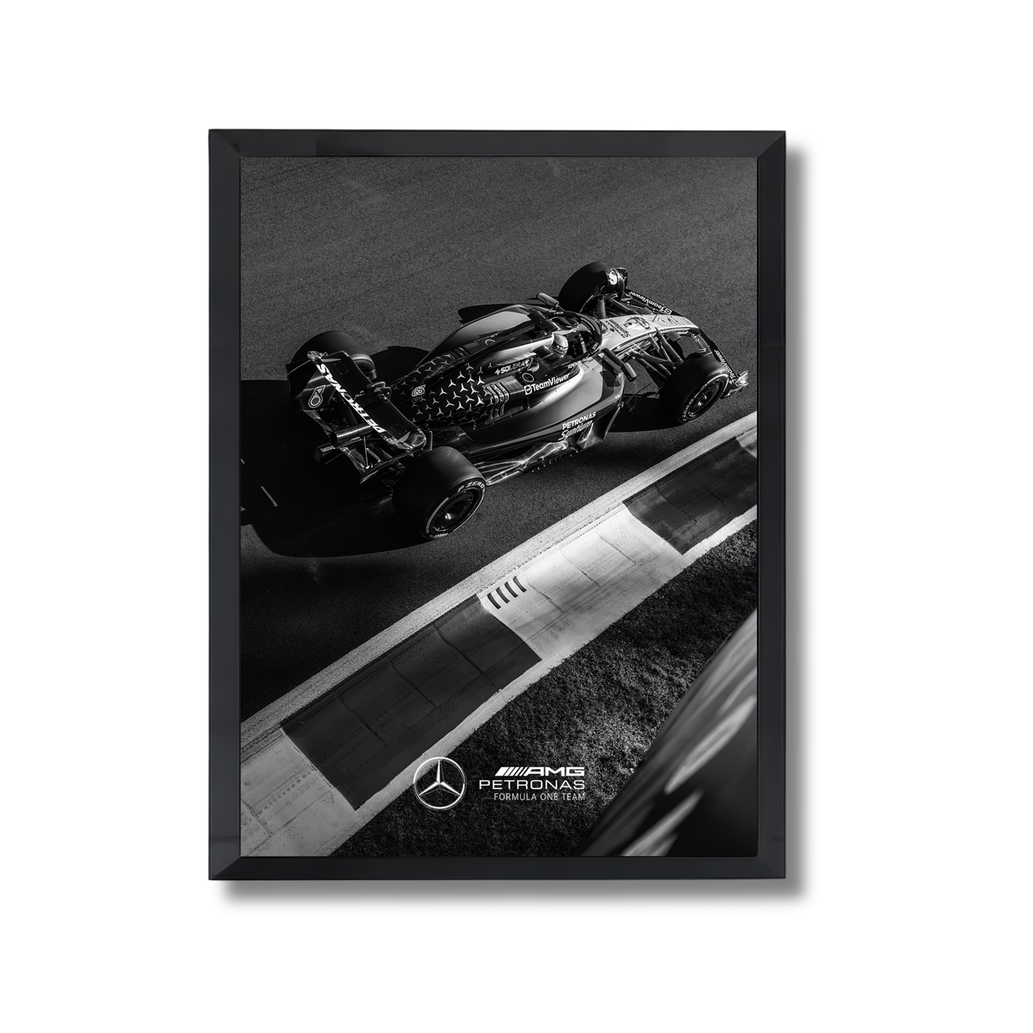 black and white photograph of a Mercedes AMG Petronas  Formula 1 Poster #728