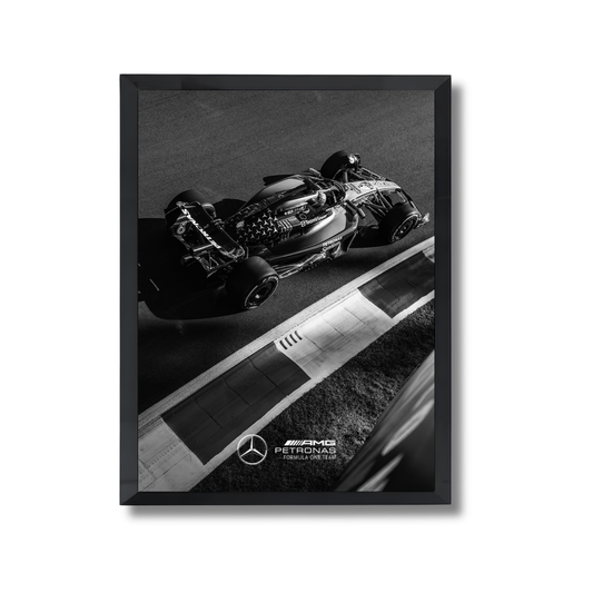 black and white photograph of a Mercedes AMG Petronas  Formula 1 Poster #728