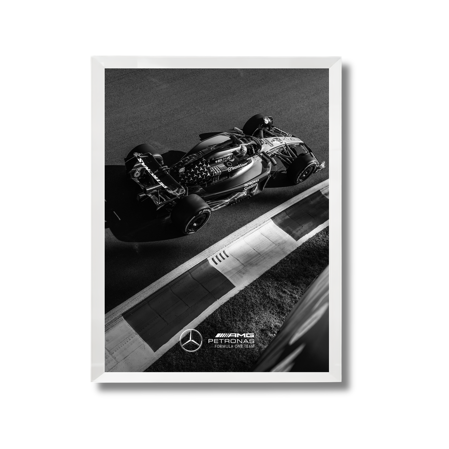 black and white photograph of a Mercedes AMG Petronas  Formula 1 Poster #728