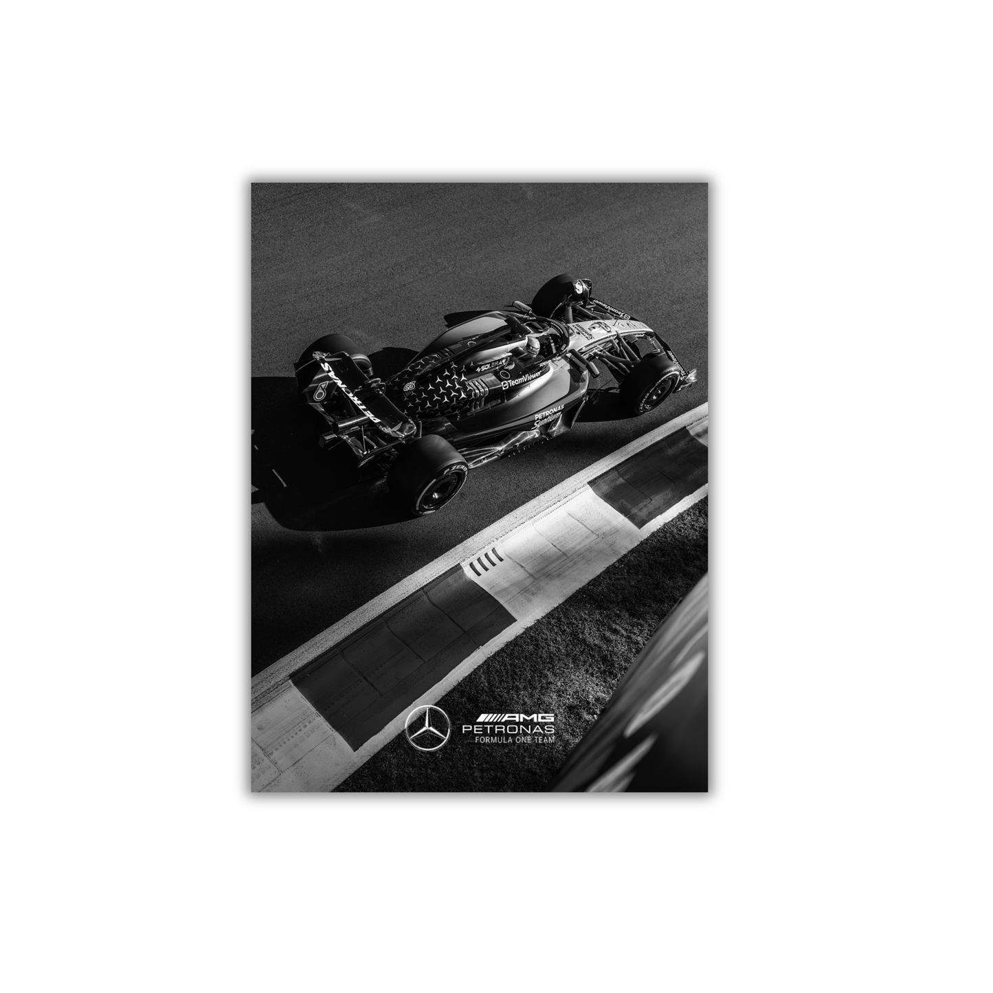 black and white photograph of a Mercedes AMG Petronas  Formula 1 Poster #728