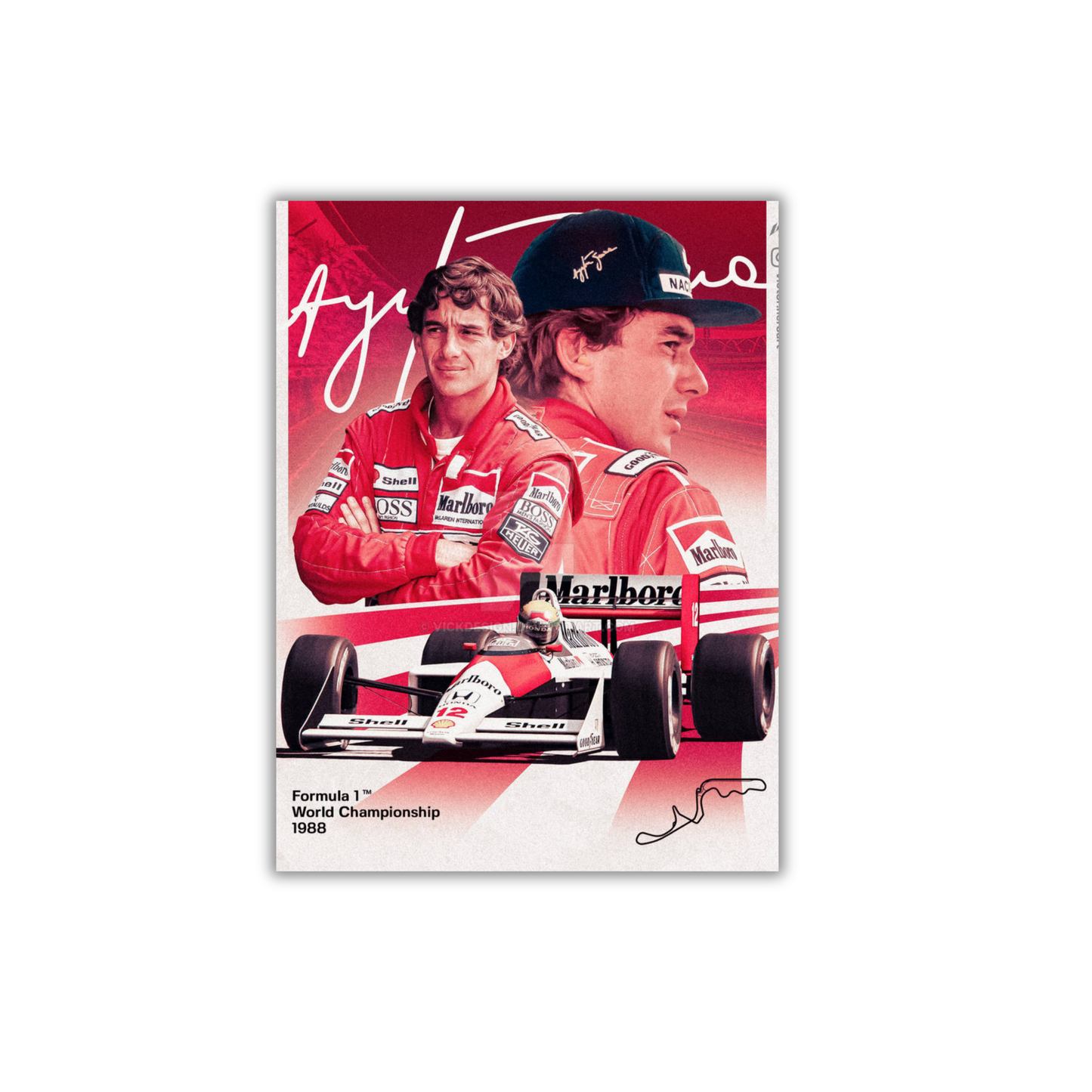 Ayrton Senna, a legendary Brazilian Formula 1 driver, created by artist VickDesign. Formula 1 Poster #763