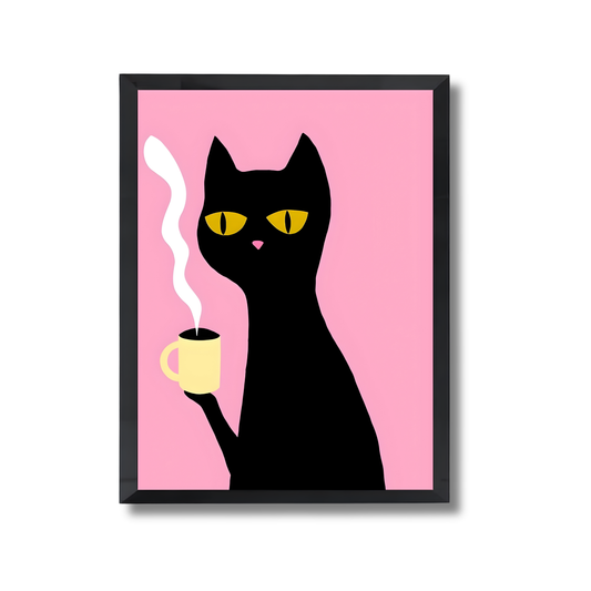 Black Cat with Coffee Cup Girly Poster #476