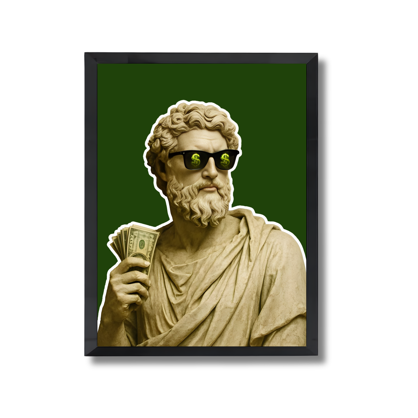 Greek statue in sunglasses with a dollar sign motif while holding United States currency. Poster #623