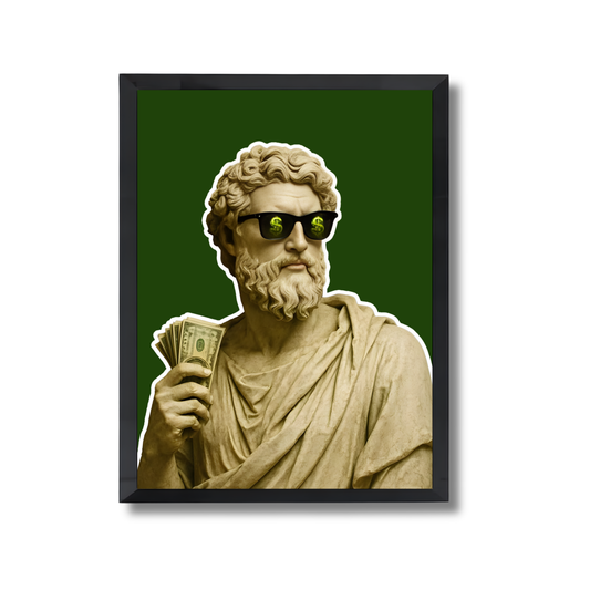 Greek statue in sunglasses with a dollar sign motif while holding United States currency. Poster #623