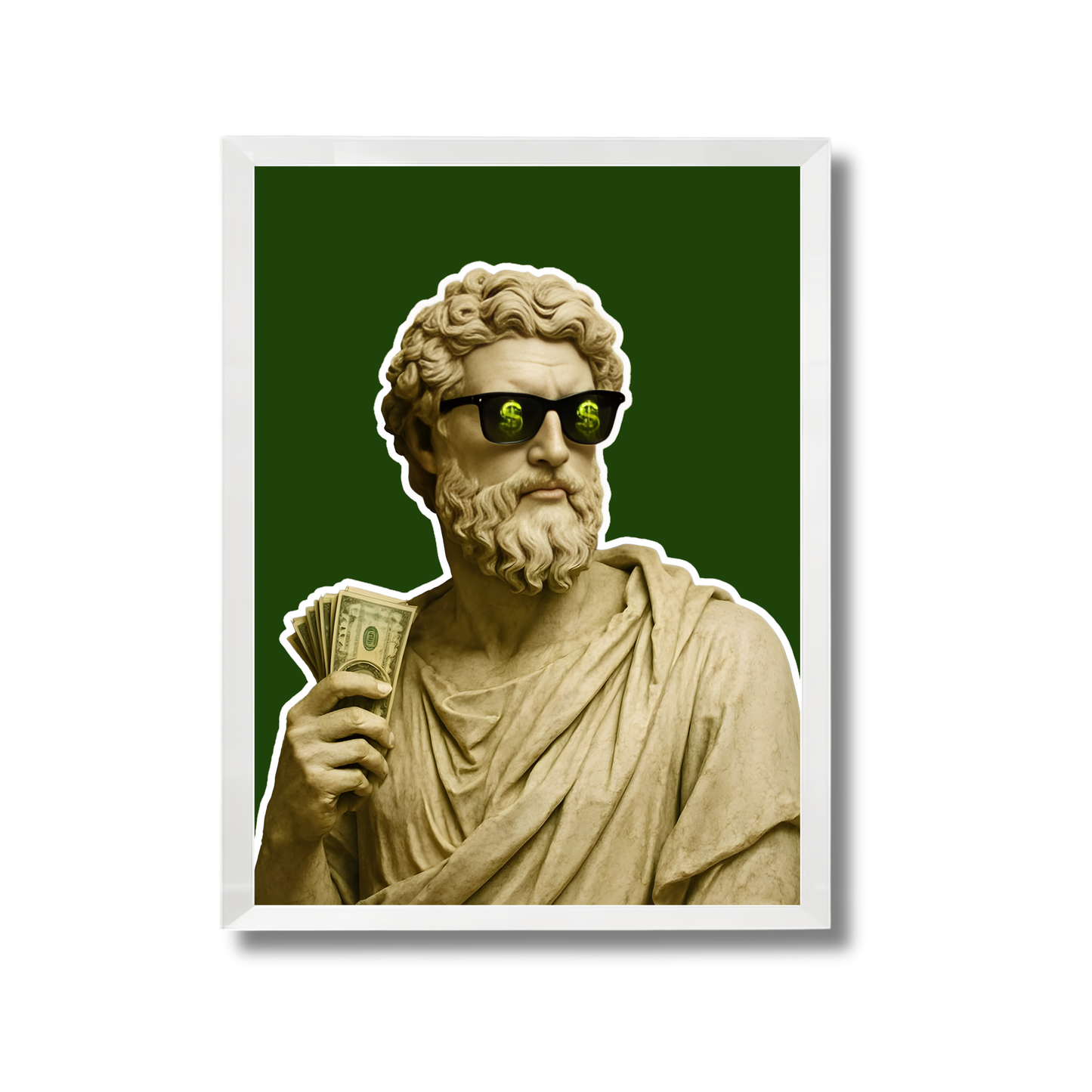 Greek statue in sunglasses with a dollar sign motif while holding United States currency. Poster #623