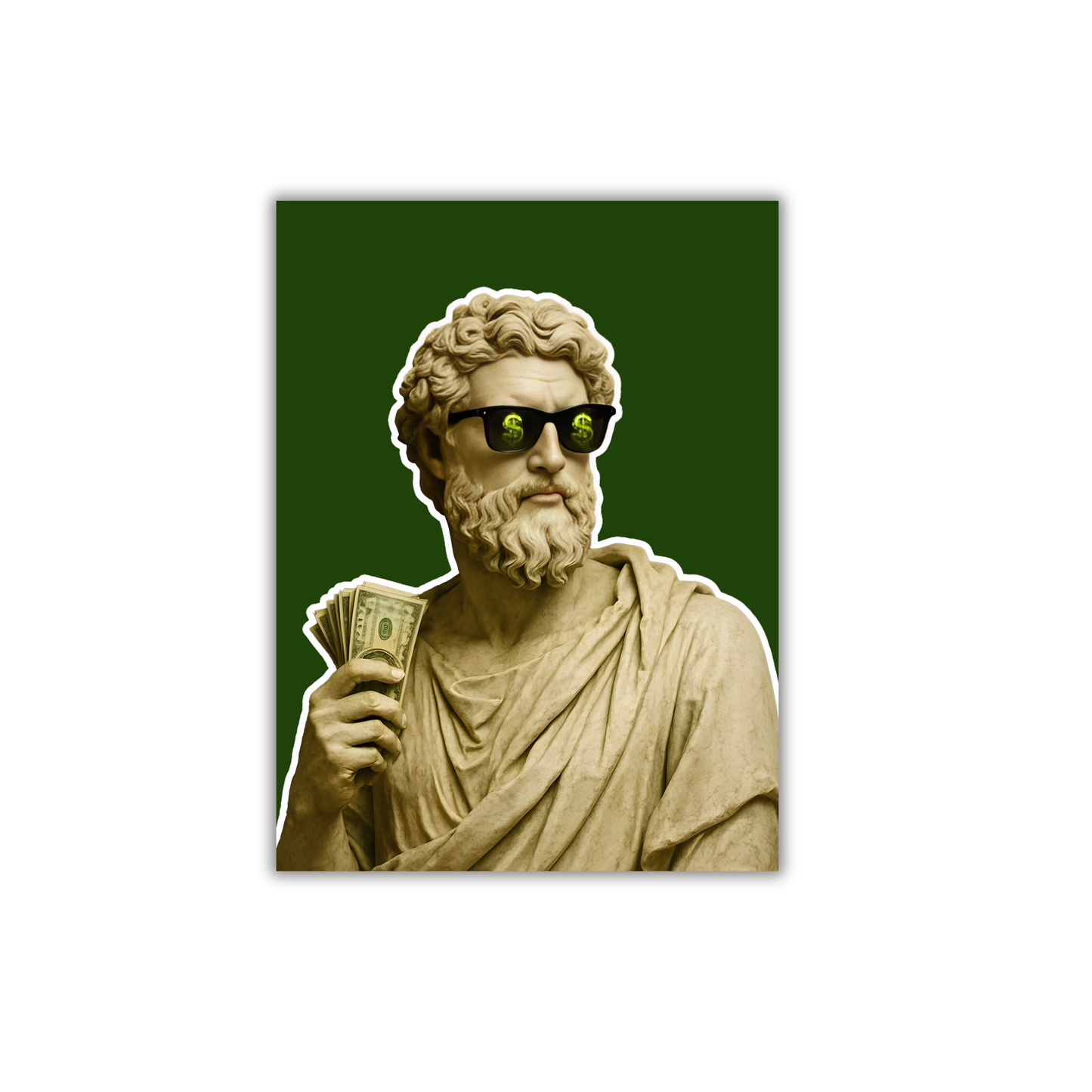 Greek statue in sunglasses with a dollar sign motif while holding United States currency. Poster #623