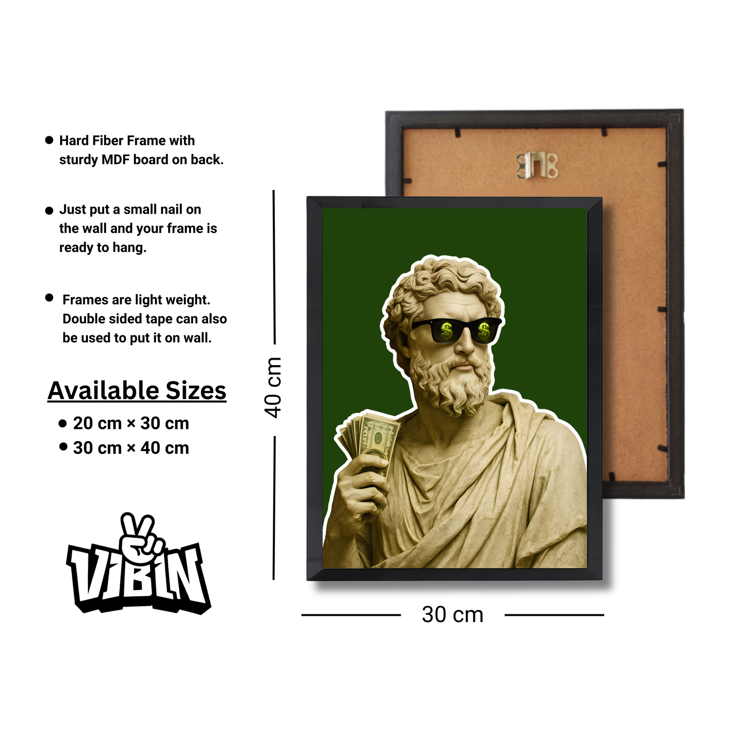 Greek statue in sunglasses with a dollar sign motif while holding United States currency. Poster #623